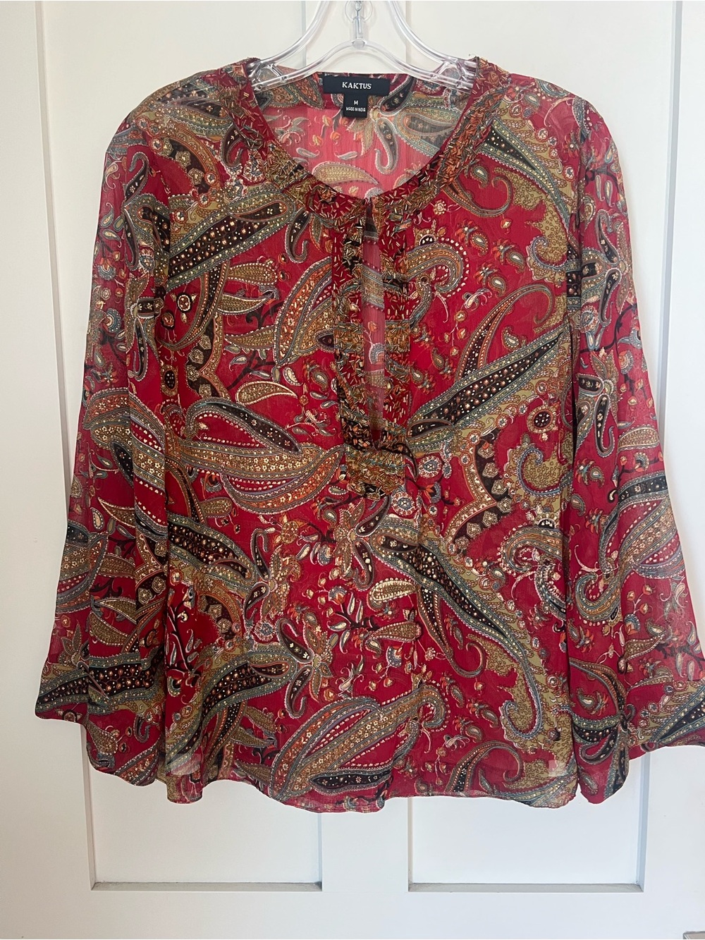Kaktus M Red Paisley Beaded Blouse Boho Embellished Long Sleeve Statement Top